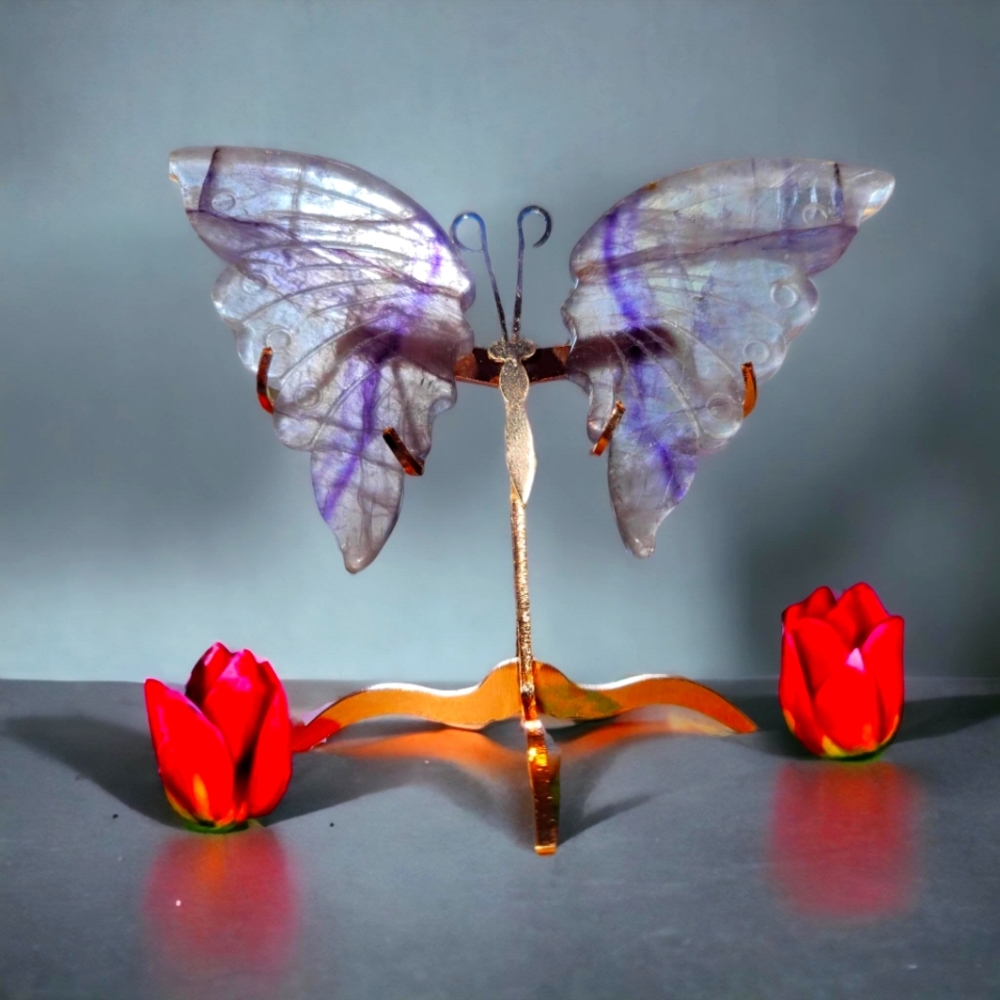Purple Fluorite Butterfly Wings With Rose Gold Stand